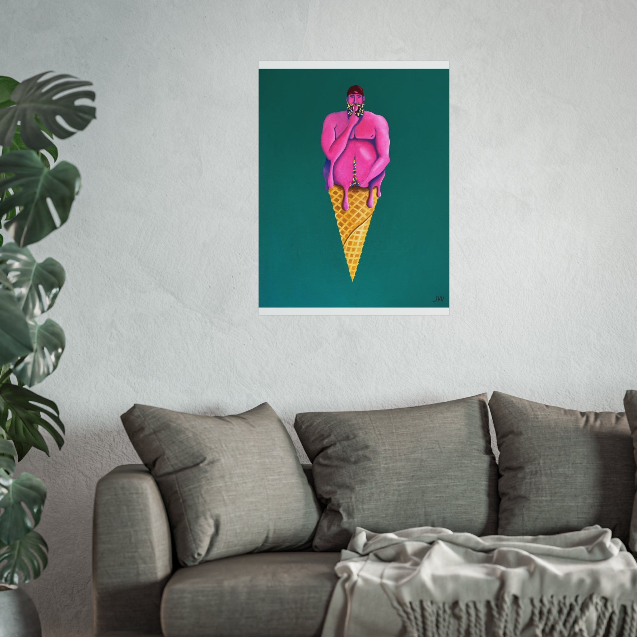 Surreal Pink Figure Ice Cream Cone Fine Art Poster — Bold Modern Pop Art Print