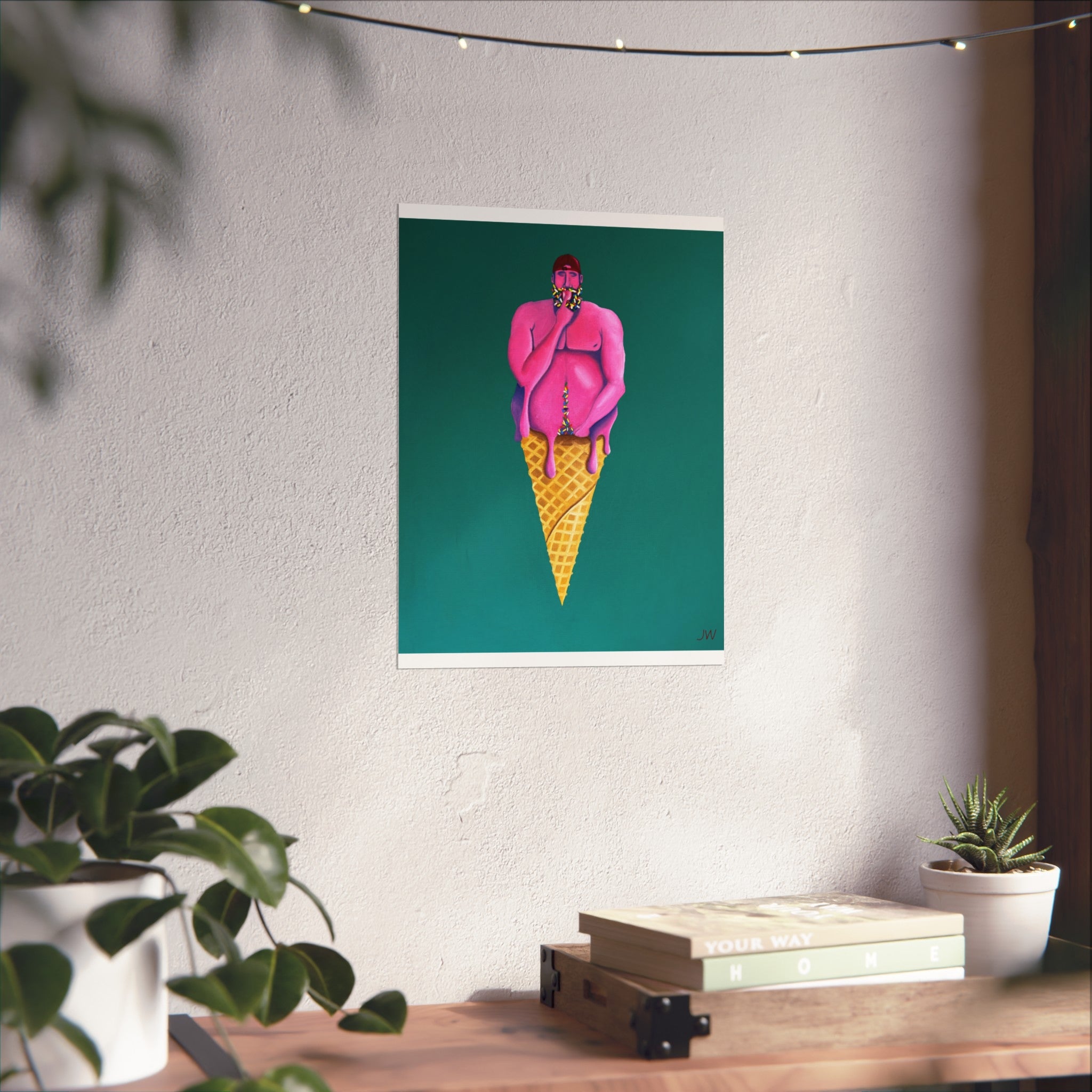 Surreal Pink Figure Ice Cream Cone Fine Art Poster — Bold Modern Pop Art Print