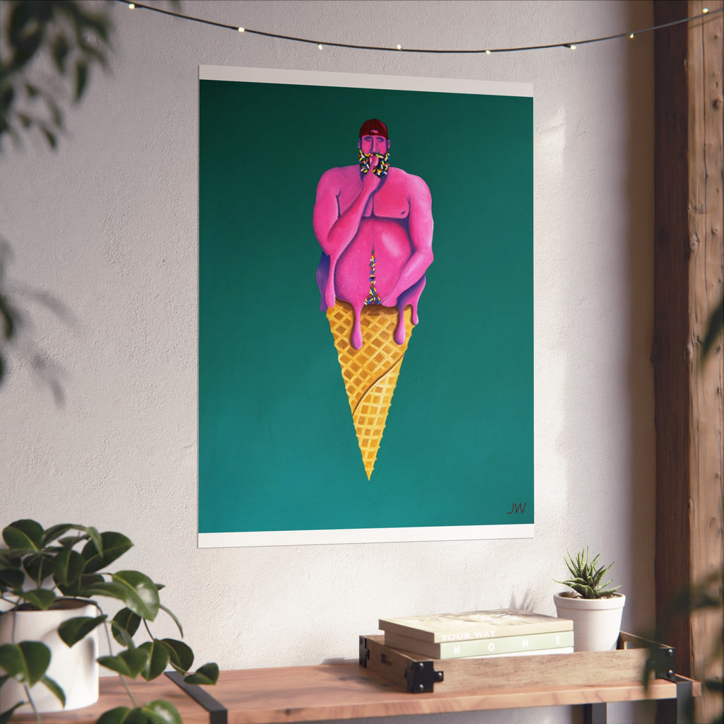 Surreal Pink Figure Ice Cream Cone Fine Art Poster — Bold Modern Pop Art Print