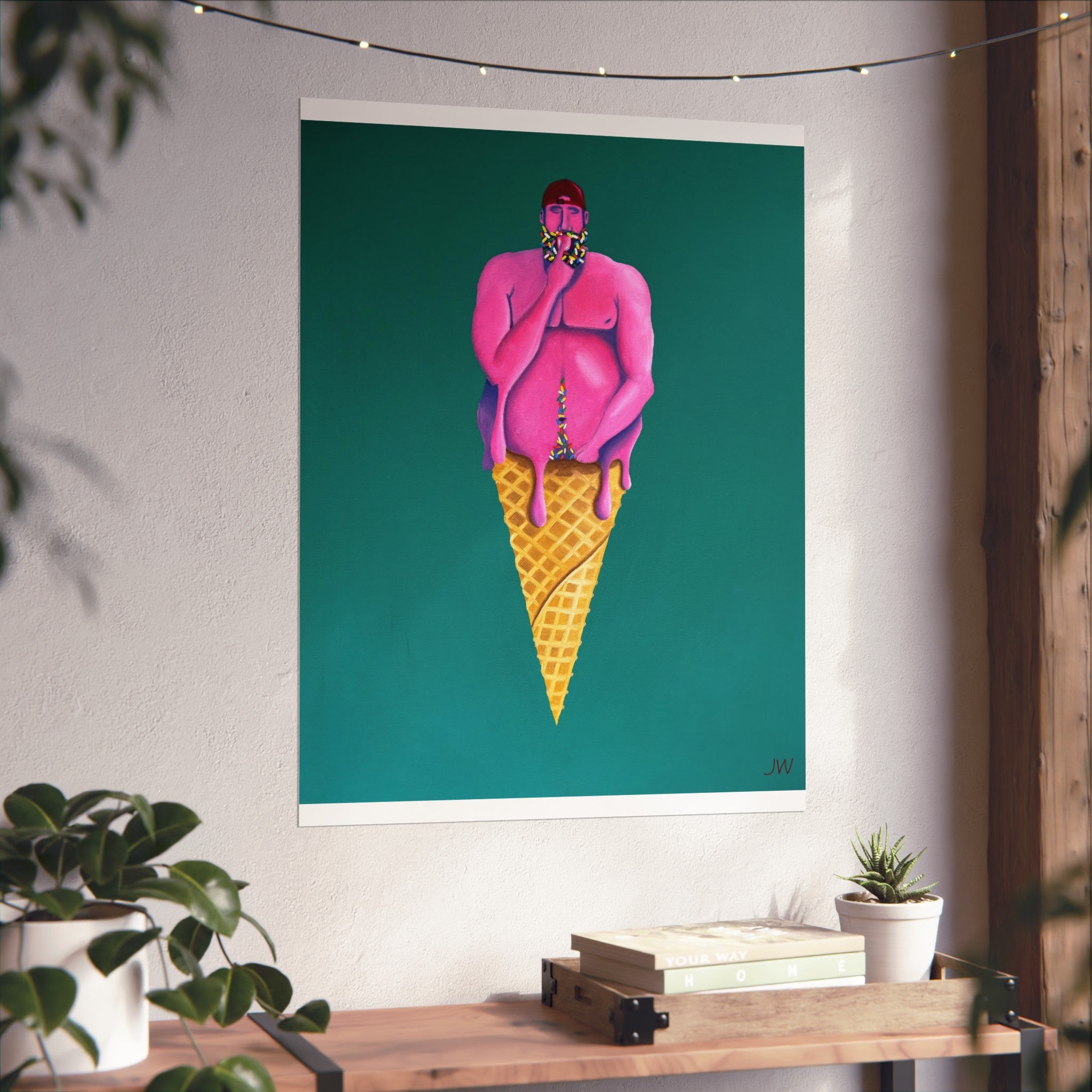 Surreal Pink Figure Ice Cream Cone Fine Art Poster — Bold Modern Pop Art Print