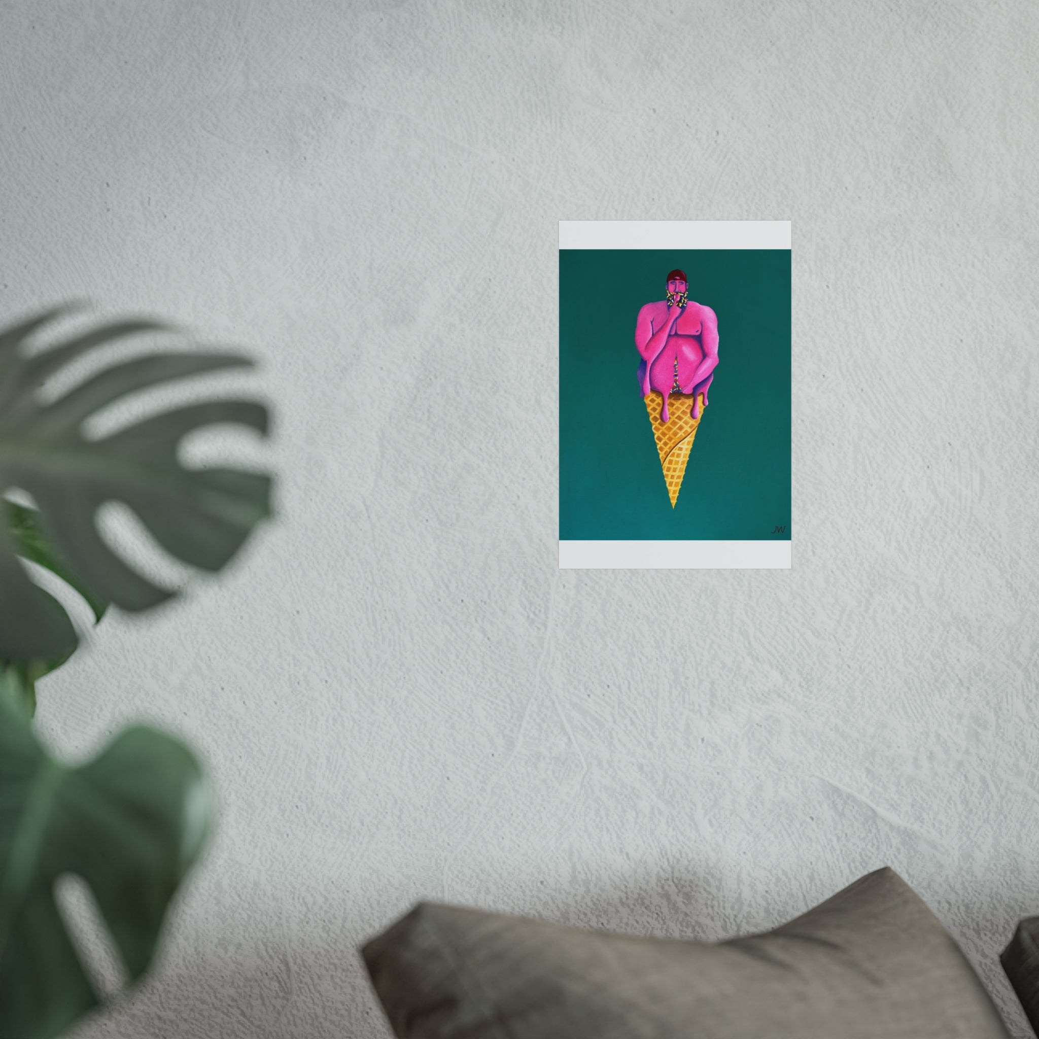 Surreal Pink Figure Ice Cream Cone Fine Art Poster — Bold Modern Pop Art Print