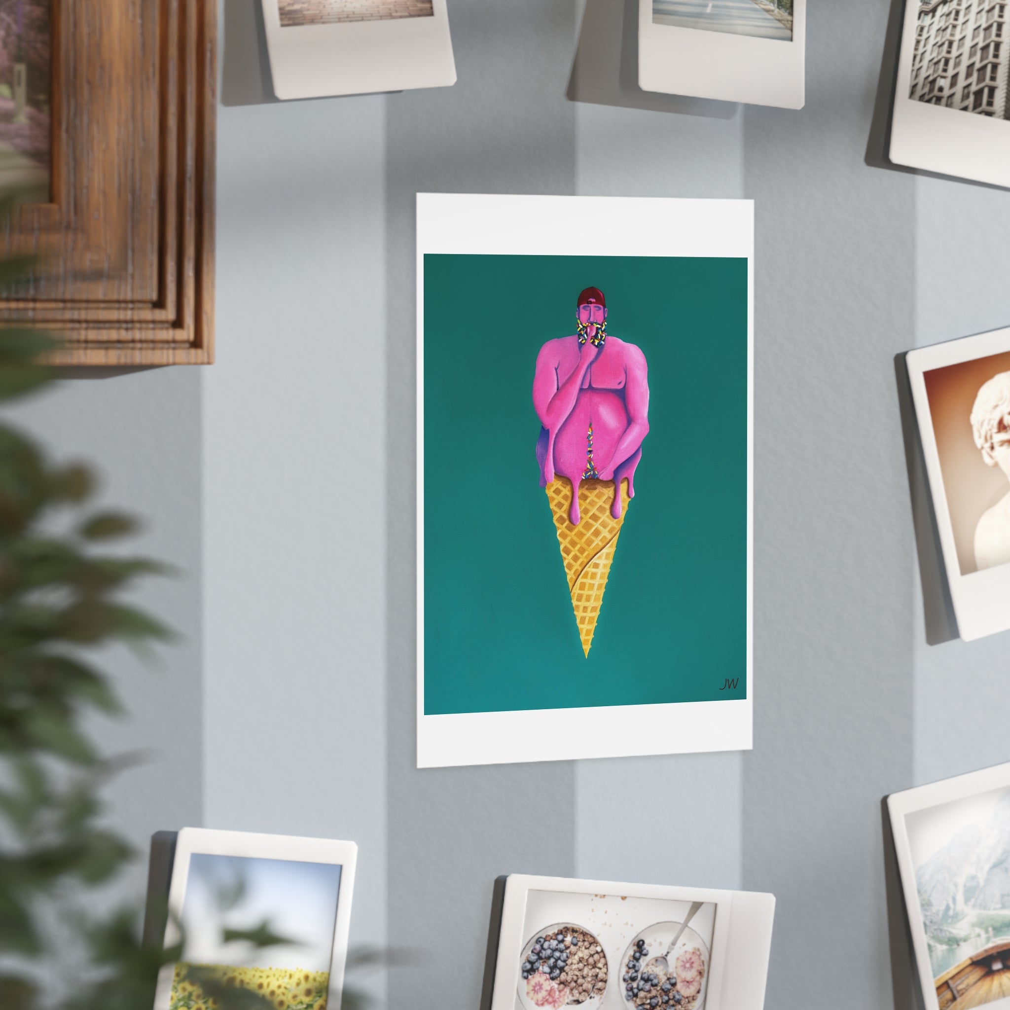 Surreal Pink Figure Ice Cream Cone Print — Unframed Art Poster
