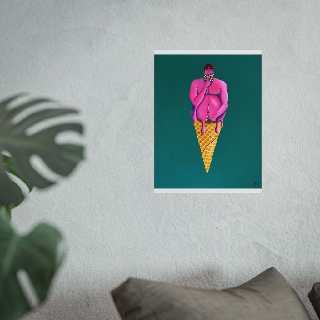 Surreal Pink Figure Ice Cream Cone Fine Art Poster — Bold Modern Pop Art Print