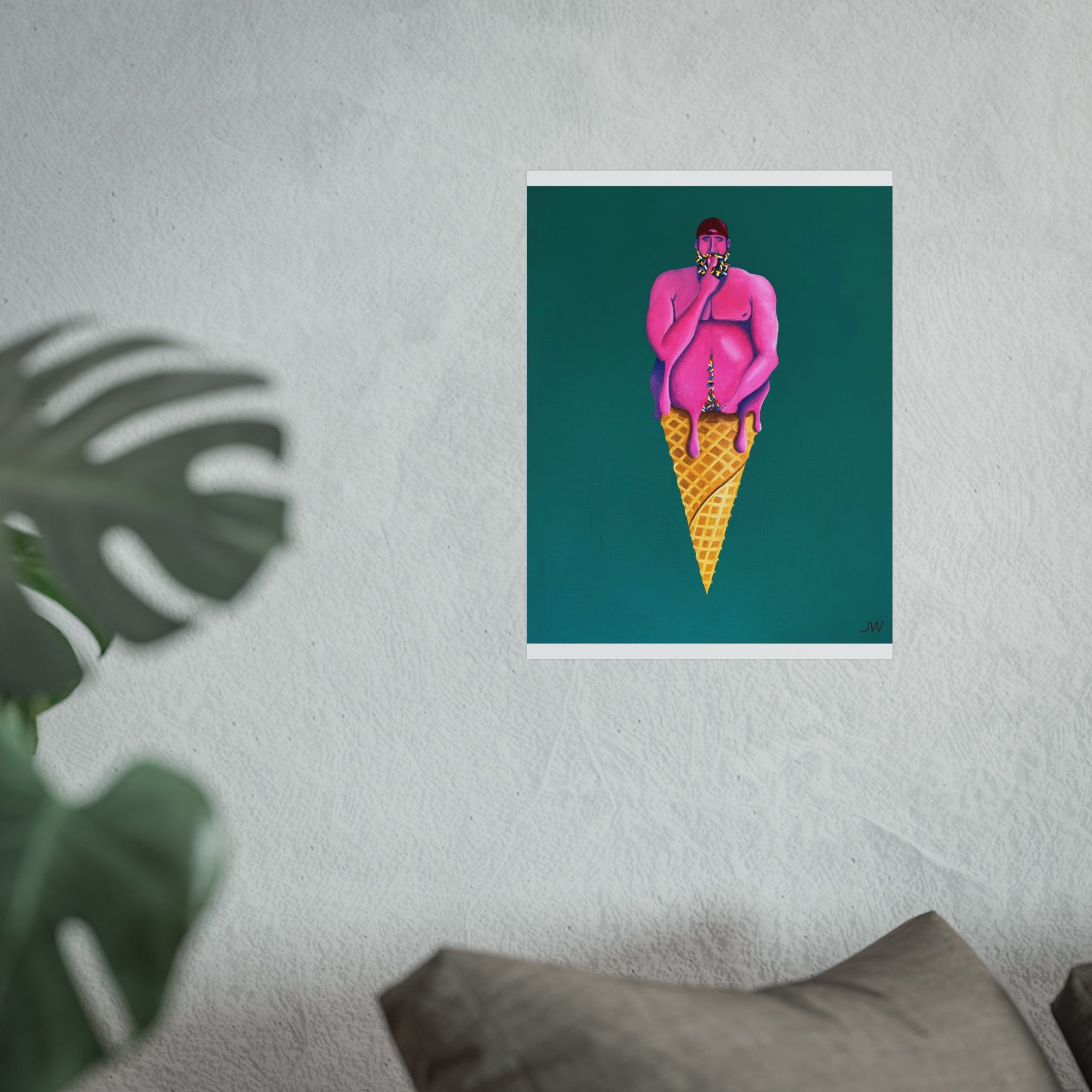 Surreal Pink Figure Ice Cream Cone Fine Art Poster — Bold Modern Pop Art Print
