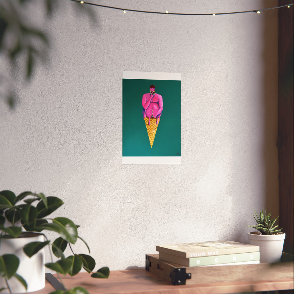Surreal Pink Figure Ice Cream Cone Fine Art Poster — Bold Modern Pop Art Print