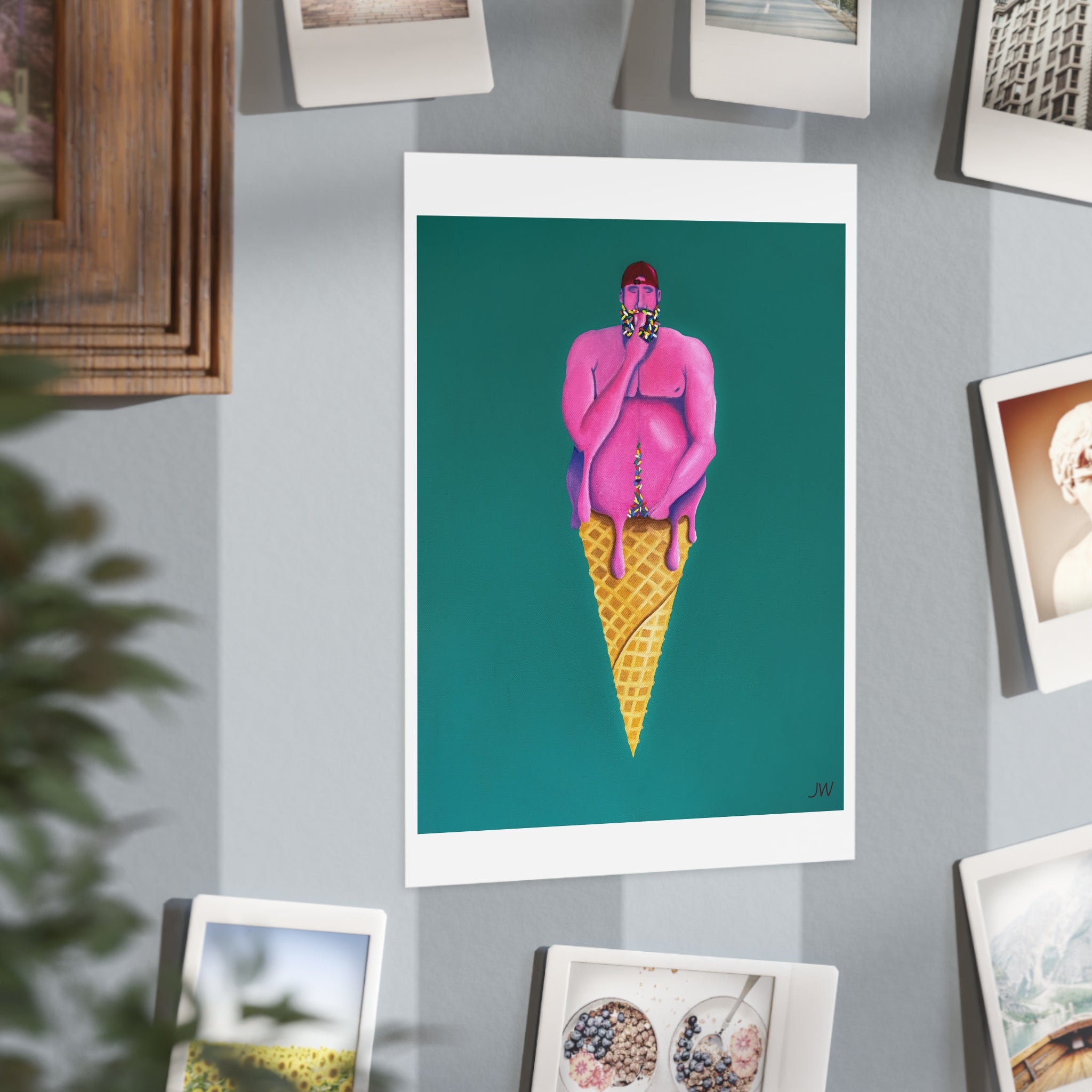 Surreal Pink Figure Ice Cream Cone Print — Unframed Art Poster
