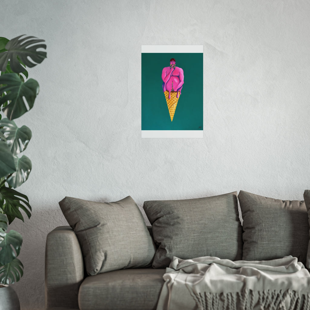 Surreal Pink Figure Ice Cream Cone Fine Art Poster — Bold Modern Pop Art Print